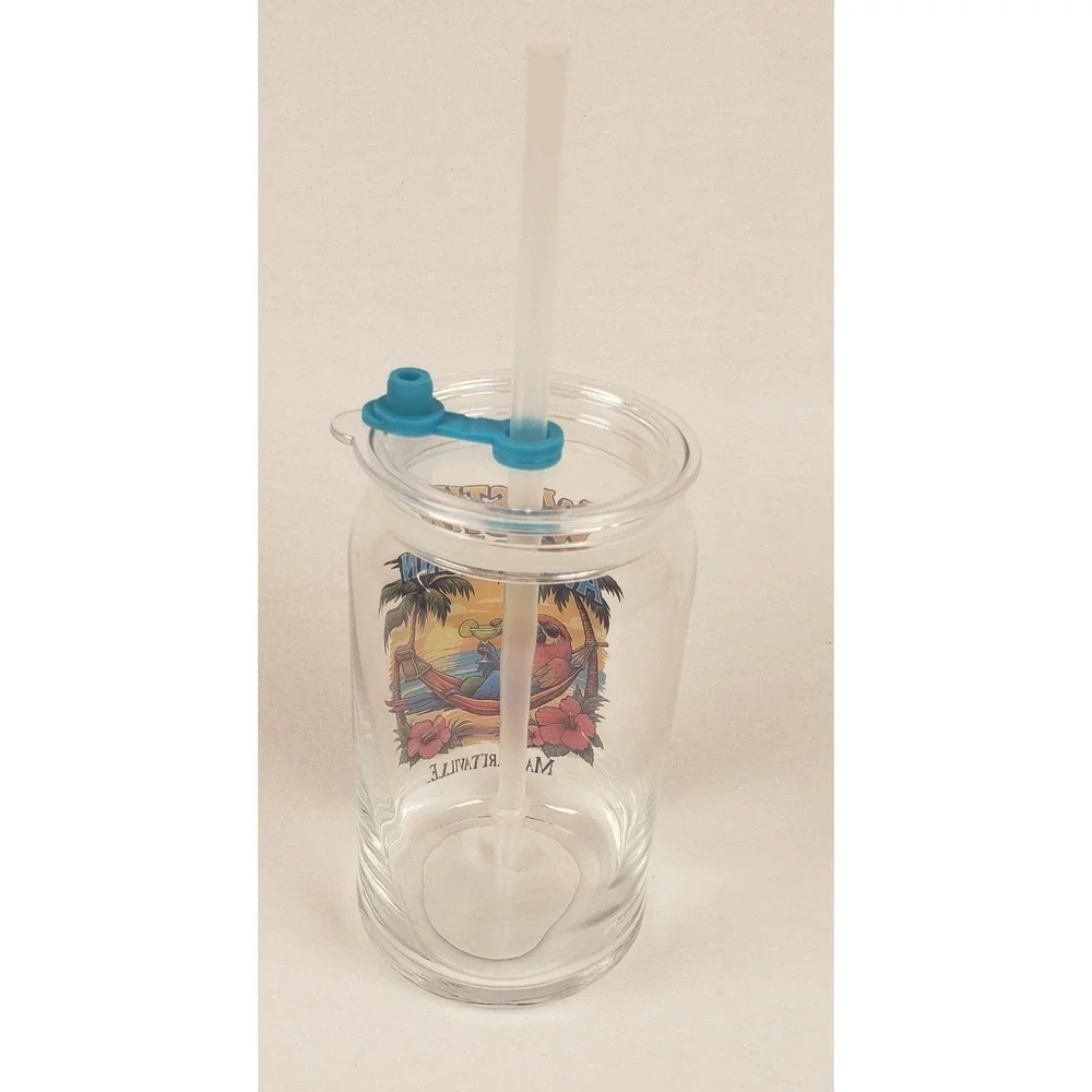 Margaritaville Sipper Glass Cup Wastin Away Again 16oz with Lids & Straws NEW